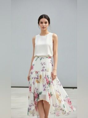 Keepsake size 4 Floral Ivory Midi Skirt Pink Purple Blooms Summer Wedding Guest